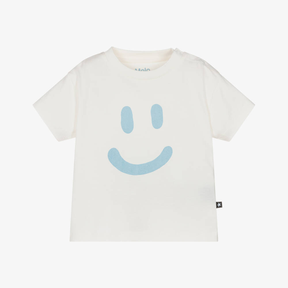 Molo-White Organic Cotton T-Shirt with Blue Smiling Face | Childrensalon