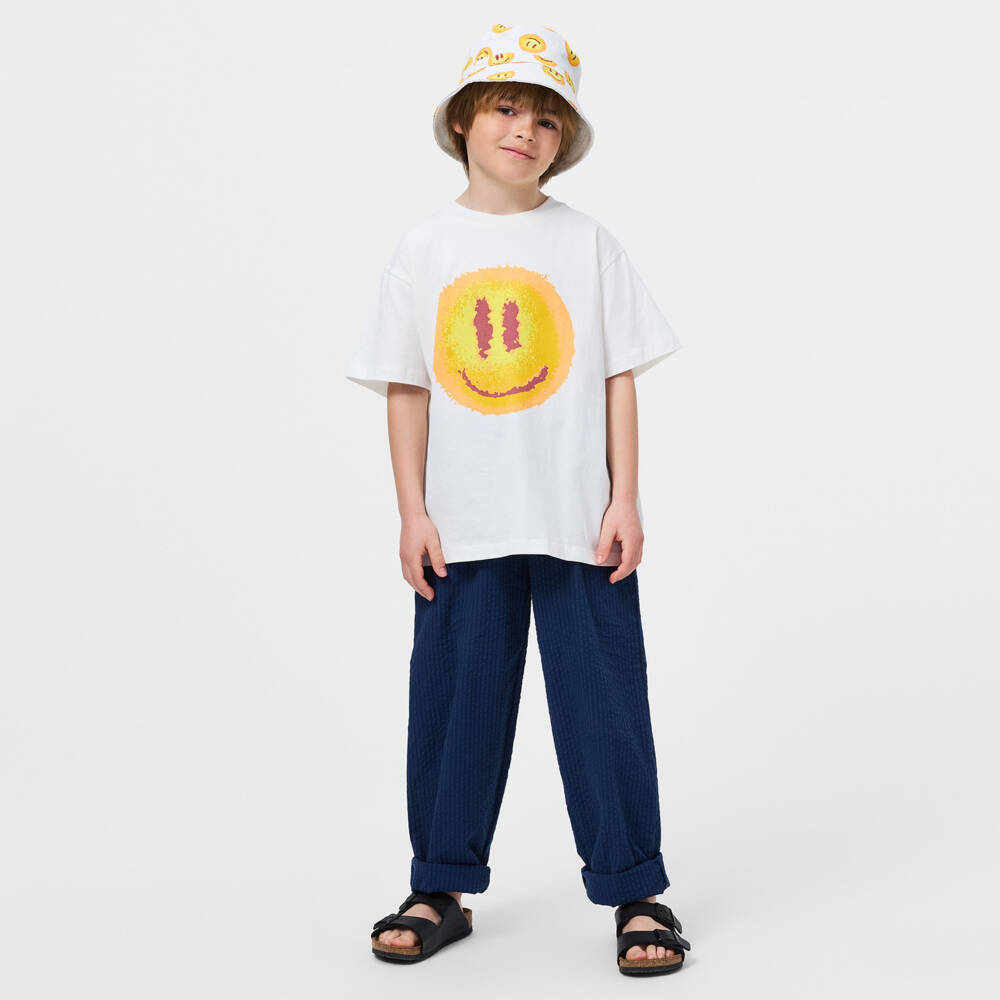 Molo-White Organic Cotton T-Shirt with Hazy Smiling Sun | Childrensalon