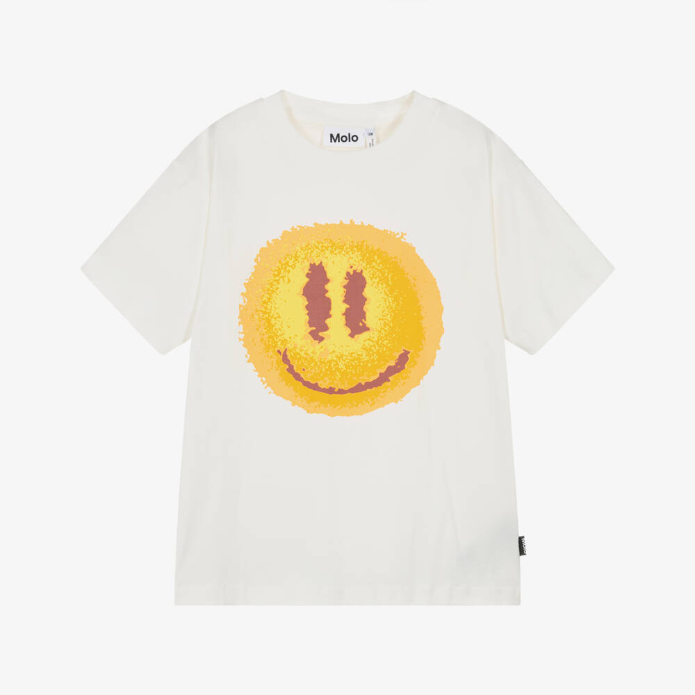 Molo-White Organic Cotton T-Shirt with Hazy Smiling Sun  | Childrensalon