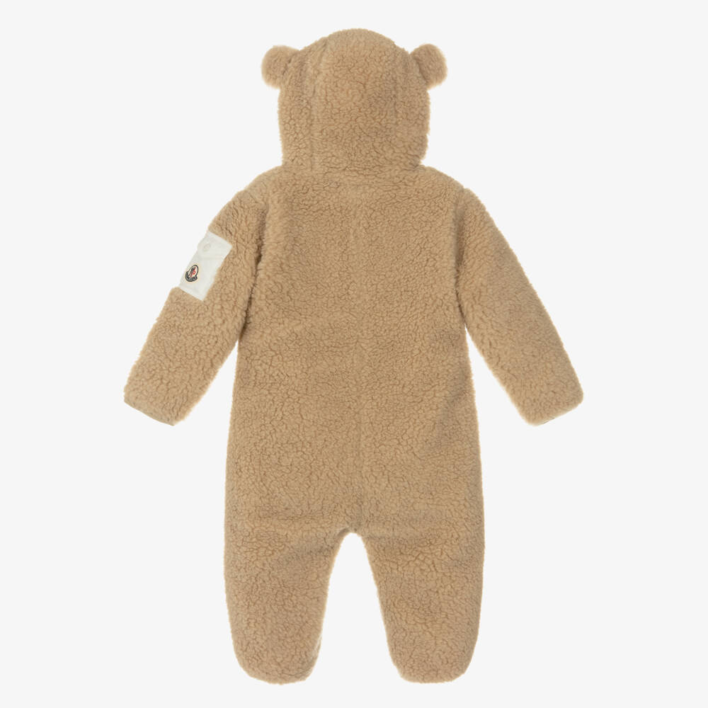 Moncler Enfant-Baby Beige Teddy Fleece Hooded Pramsuit | Childrensalon