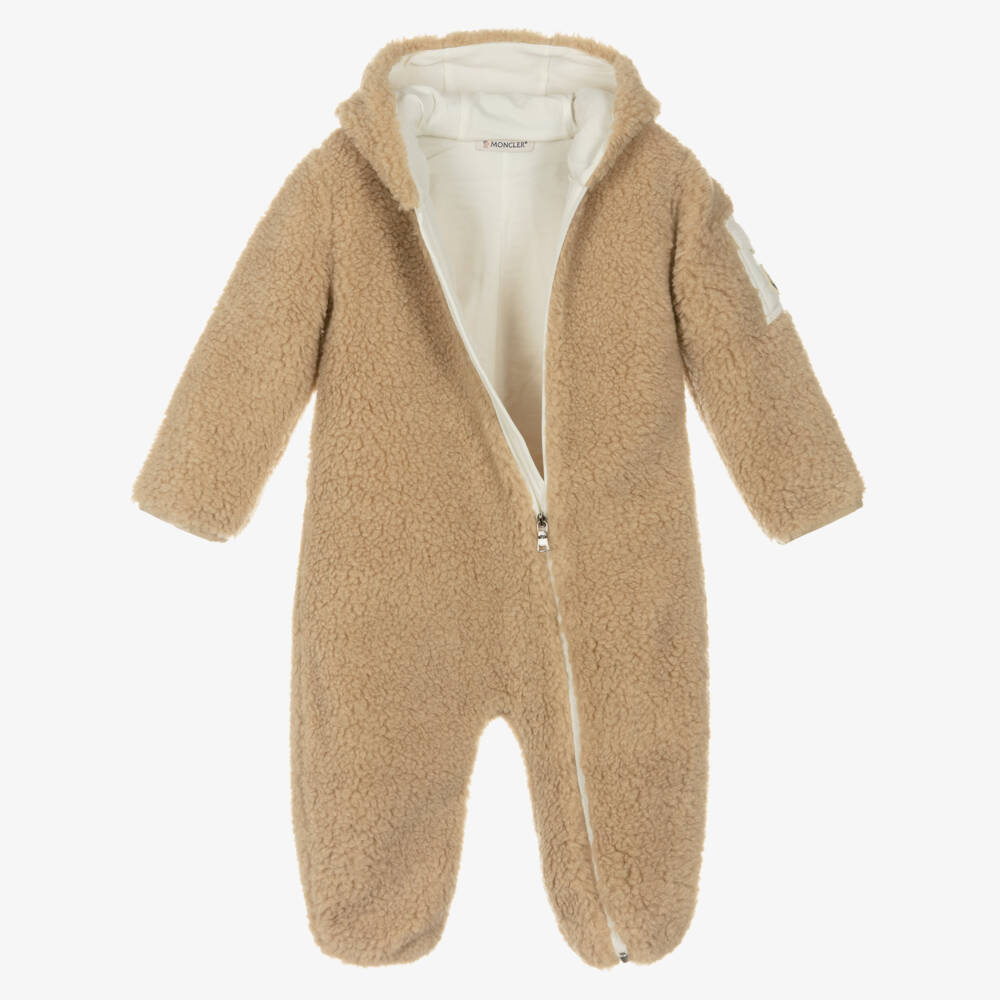 Moncler Enfant-Baby Beige Teddy Fleece Hooded Pramsuit | Childrensalon