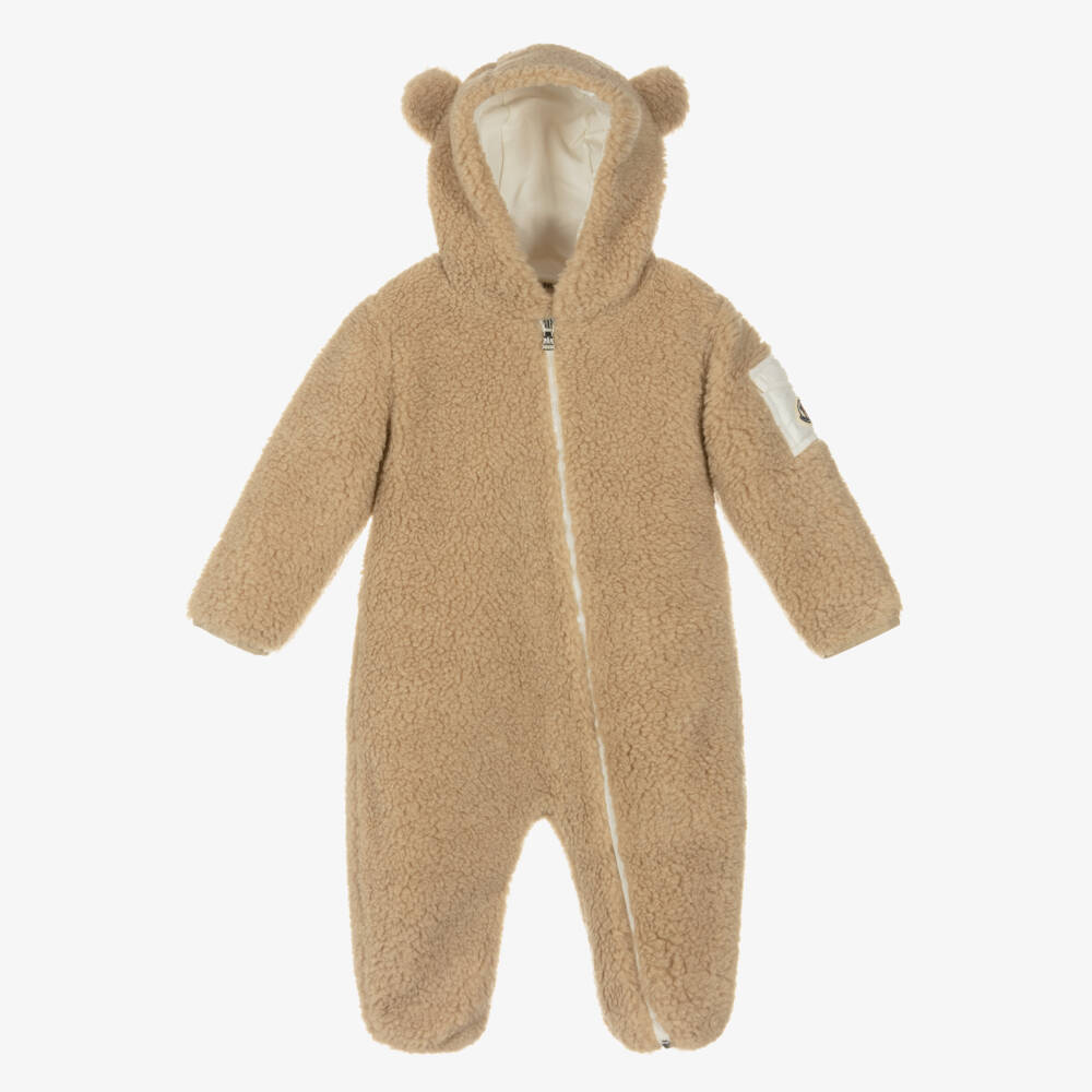 Moncler Enfant-Baby Beige Teddy Fleece Hooded Pramsuit | Childrensalon