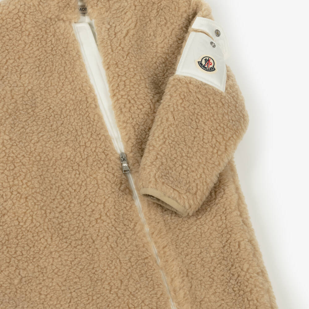 Moncler Enfant-Baby Beige Teddy Fleece Hooded Pramsuit | Childrensalon