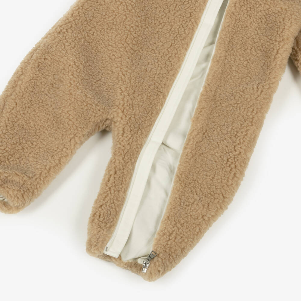 Moncler Enfant-Baby Beige Teddy Fleece Hooded Pramsuit | Childrensalon