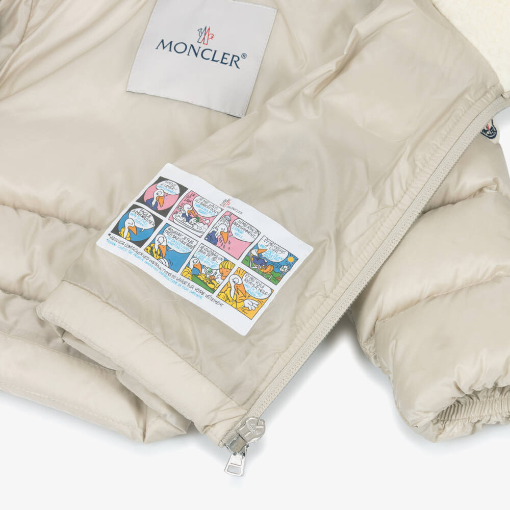 Moncler Enfant-Куртка-пуховик Borgan бежевая с капюшоном на флисовой подкладке | Childrensalon