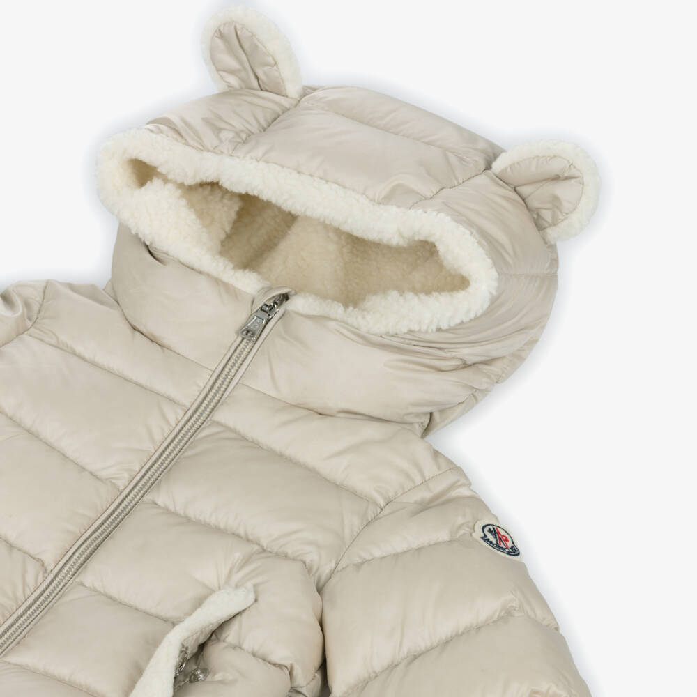 Moncler Enfant-Куртка-пуховик Borgan бежевая с капюшоном на флисовой подкладке | Childrensalon