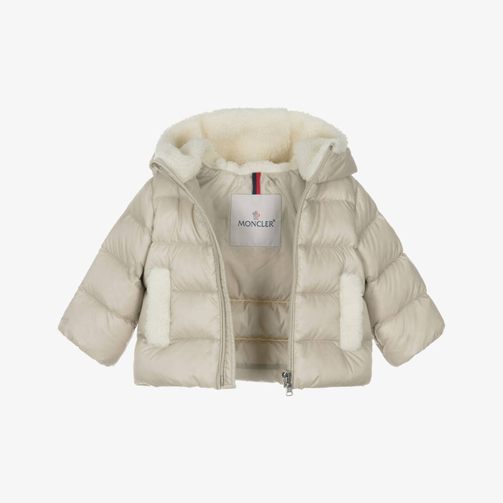 Moncler Enfant-Куртка-пуховик Borgan бежевая с капюшоном на флисовой подкладке | Childrensalon