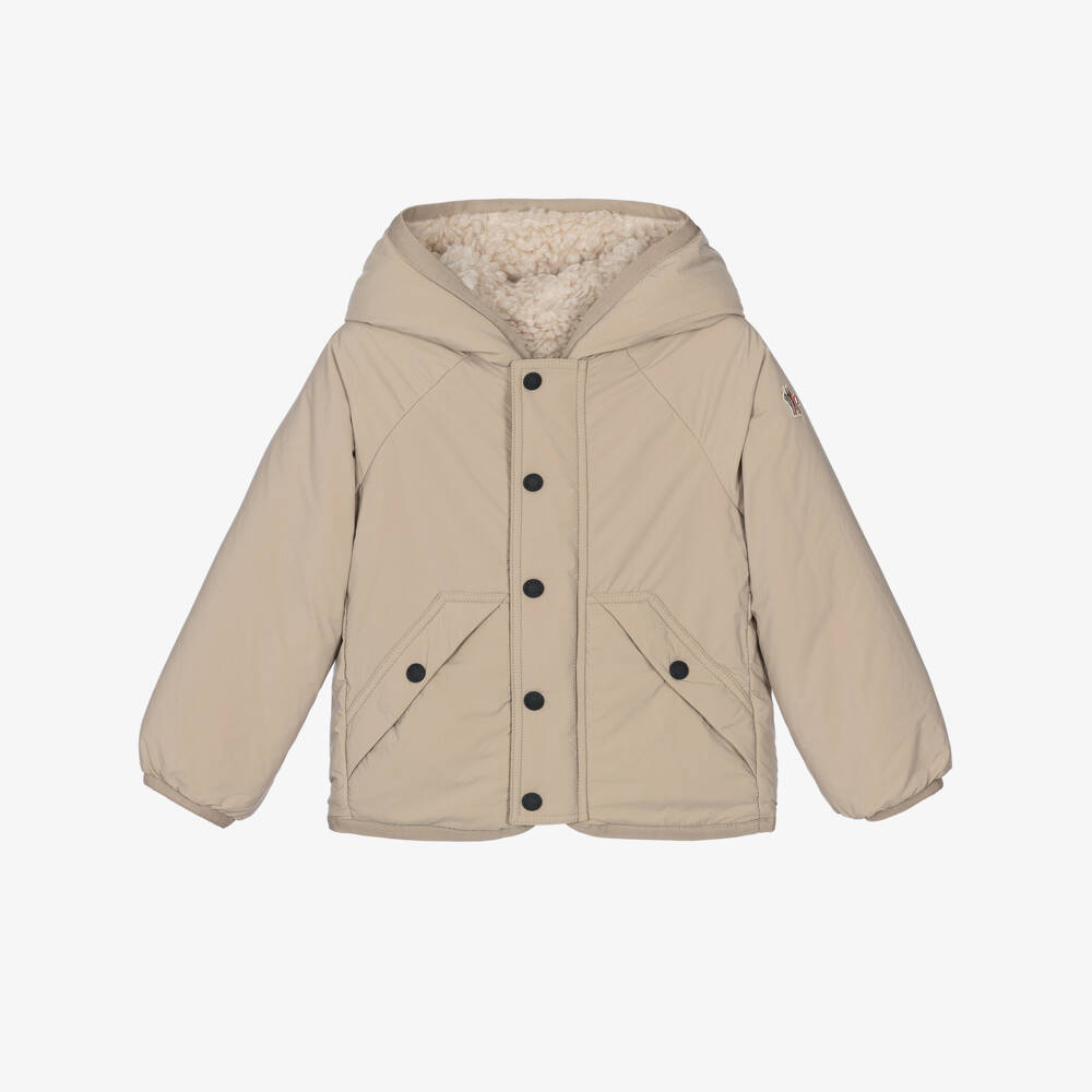Moncler Enfant-Beige Reversible Teddy Zip-Up Hooded Jacket | Childrensalon