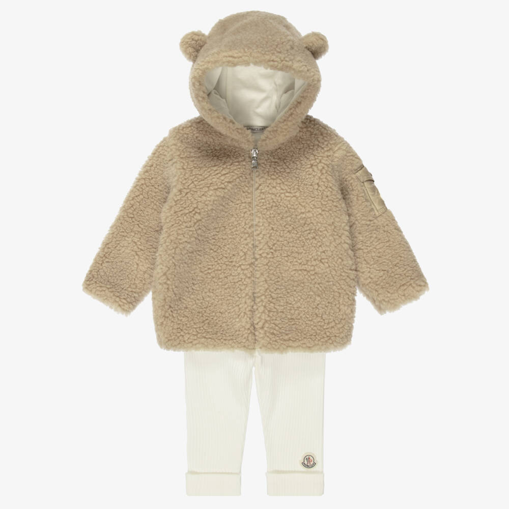 Moncler Enfant-Beige Teddy Fleece Zip-Up Top & Ivory Baby Trouser Set | Childrensalon