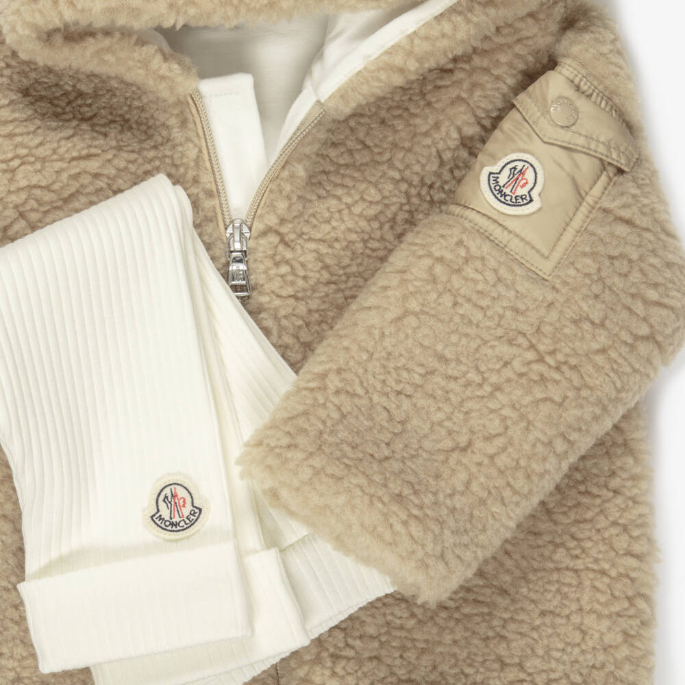 Moncler Enfant-Beige Teddy Fleece Zip-Up Top & Ivory Baby Trouser Set | Childrensalon