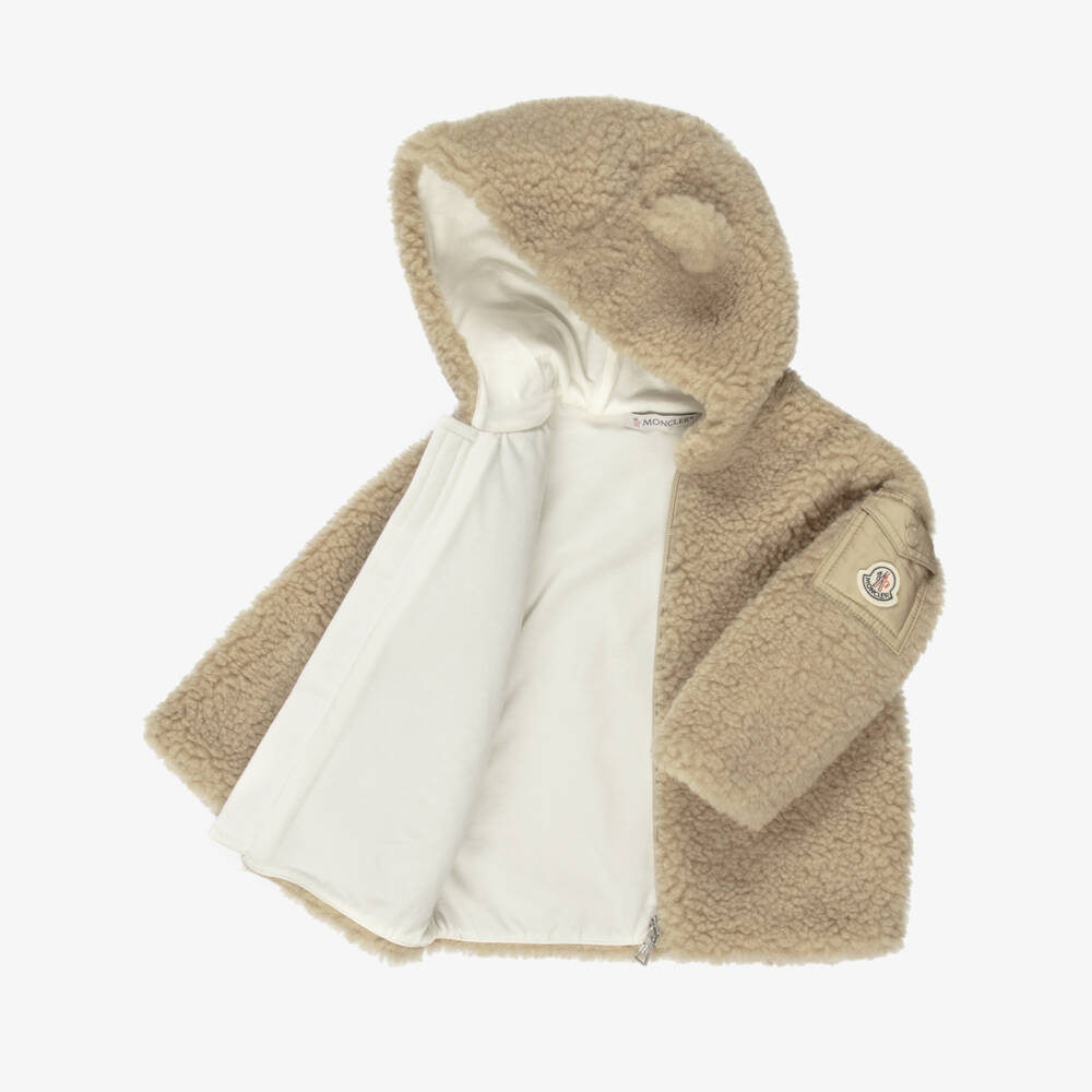 Moncler Enfant-Beige Teddy Fleece Zip-Up Top & Ivory Baby Trouser Set | Childrensalon