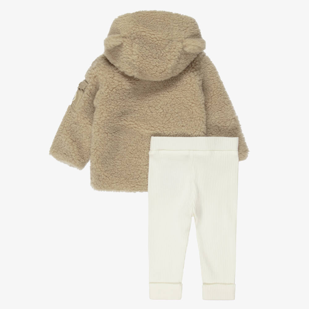 Moncler Enfant-Beige Teddy Fleece Zip-Up Top & Ivory Baby Trouser Set | Childrensalon
