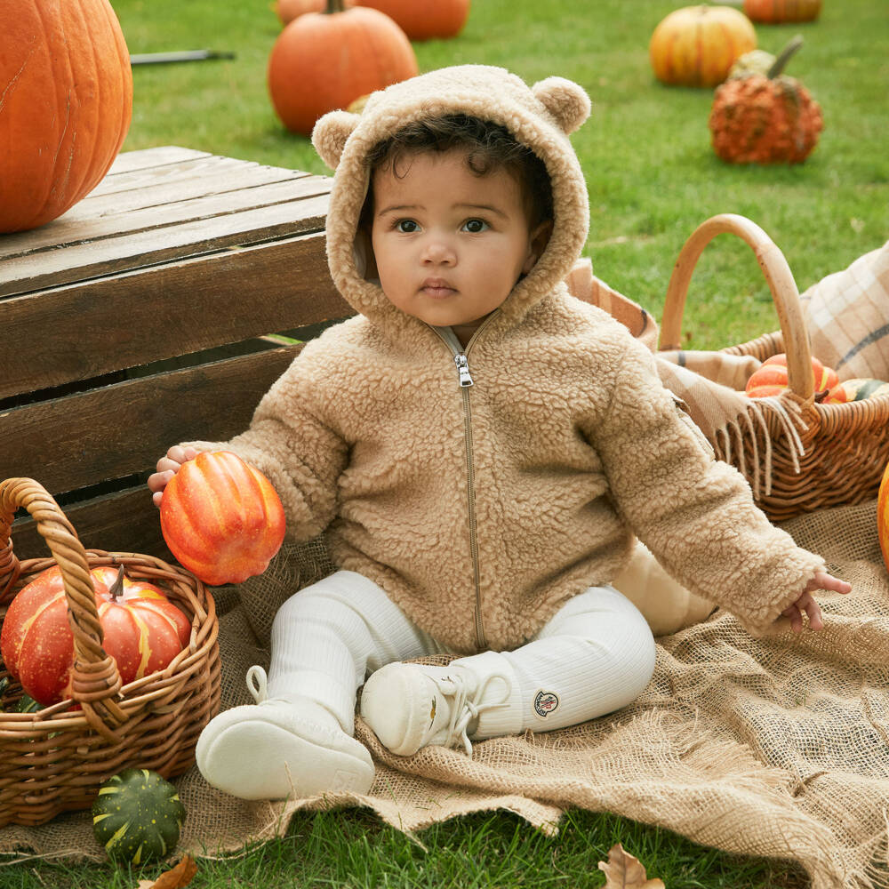 Moncler Enfant-Beige Teddy Fleece Zip-Up Top & Ivory Baby Trouser Set | Childrensalon