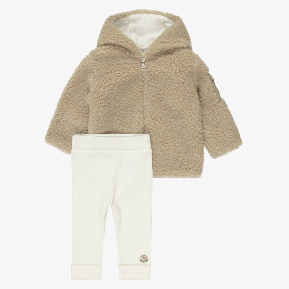 Moncler Enfant-Beige Teddy Fleece Zip-Up Top & Ivory Baby Trouser Set | Childrensalon