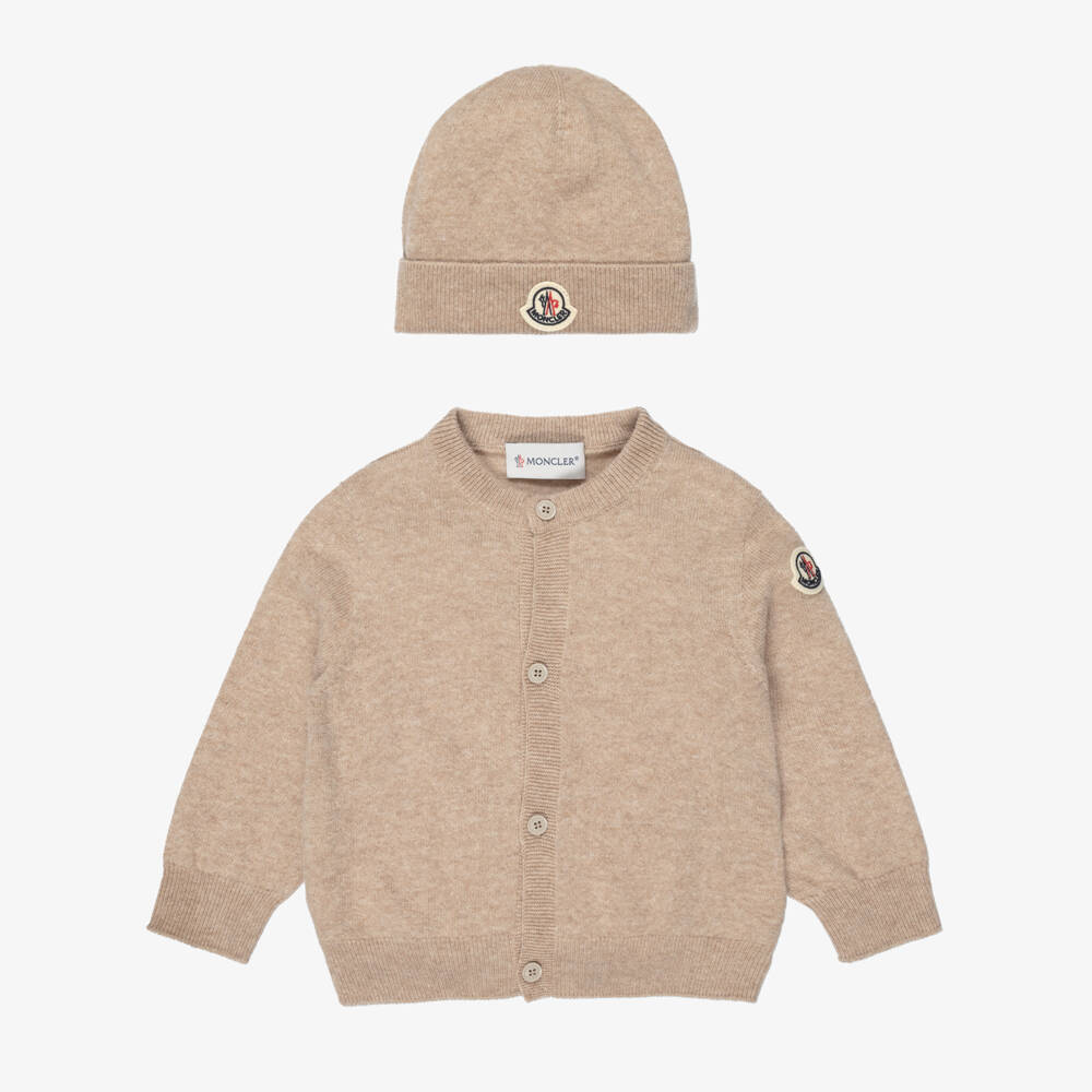Moncler Enfant-Beige Wool Embroidered Logo Cardigan & Hat Gift Set | Childrensalon