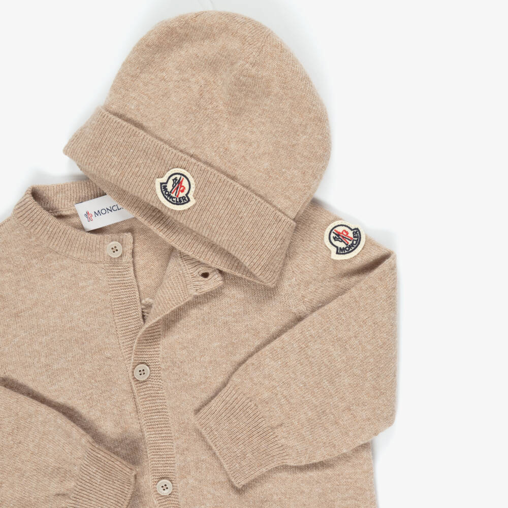 Moncler Enfant-Beige Wool Embroidered Logo Cardigan & Hat Gift Set | Childrensalon