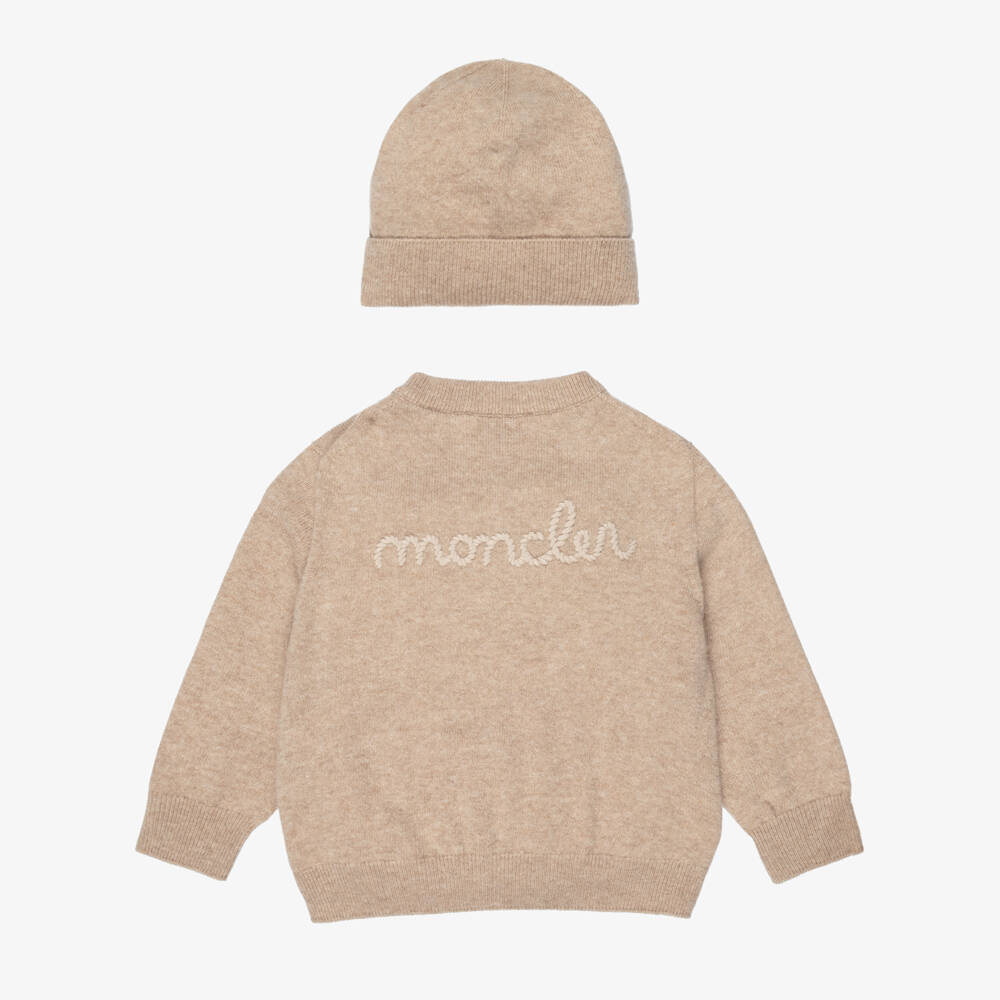 Moncler Enfant-Beige Wool Embroidered Logo Cardigan & Hat Gift Set | Childrensalon