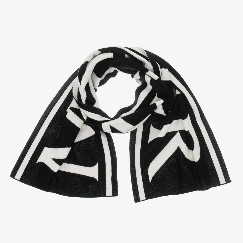 Moncler Enfant-Black & Ivory Logo Wool Scarf | Childrensalon