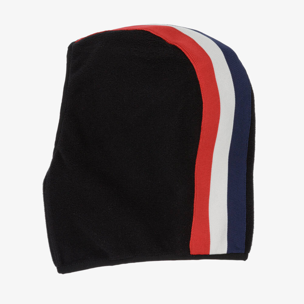 Moncler Enfant-Black Polar Fleece Balaclava With Tricolour Striped Trim | Childrensalon