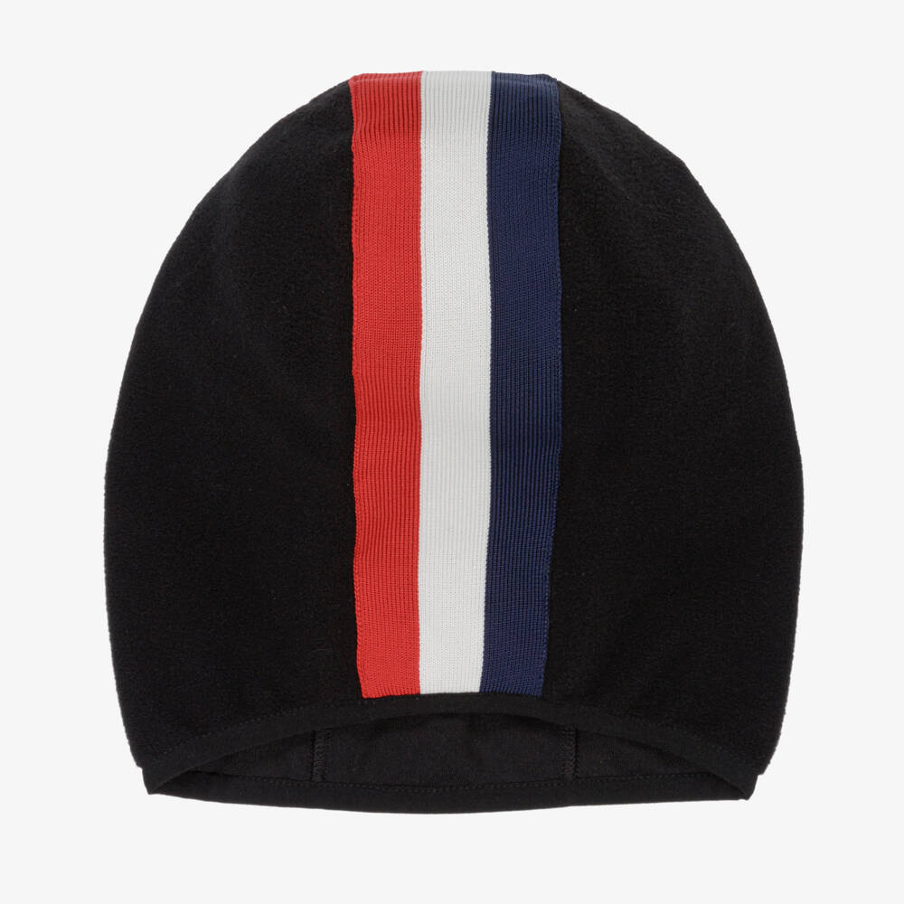 Moncler Enfant-Black Polar Fleece Balaclava With Tricolour Striped Trim | Childrensalon