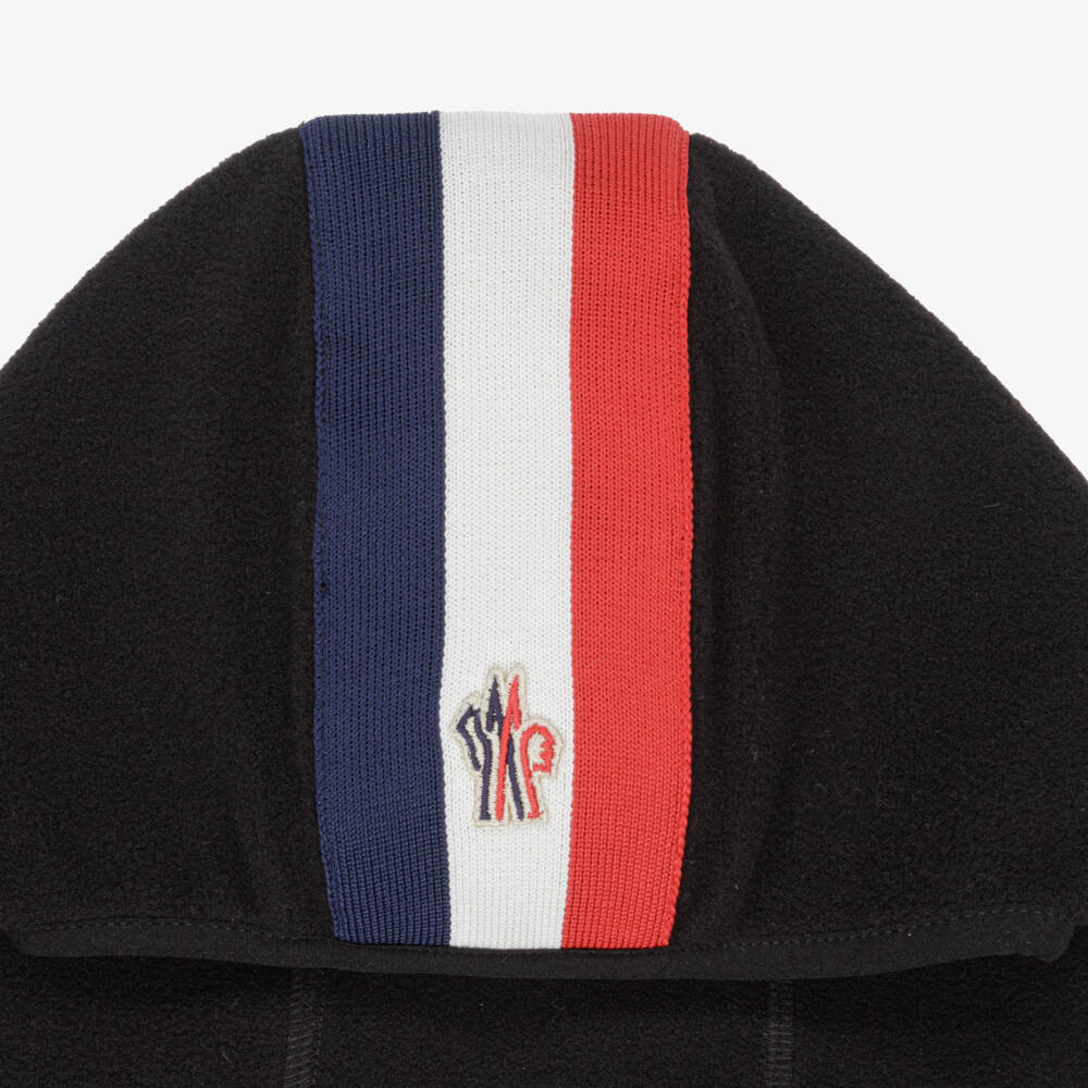 Moncler Enfant-Black Polar Fleece Balaclava With Tricolour Striped Trim | Childrensalon