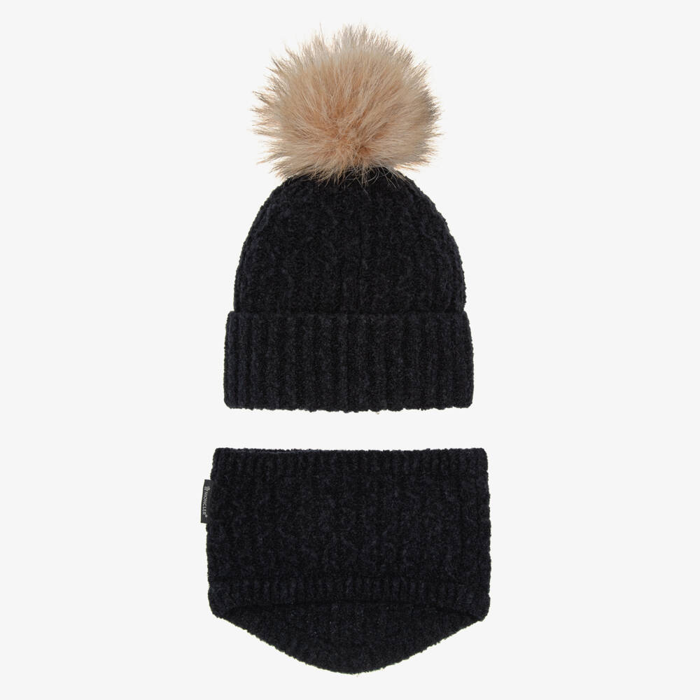 Moncler Enfant-Black Pom-Pom Beanie & Snood Set | Childrensalon