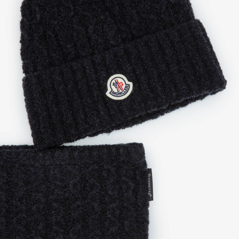 Moncler Enfant-Black Pom-Pom Beanie & Snood Set | Childrensalon