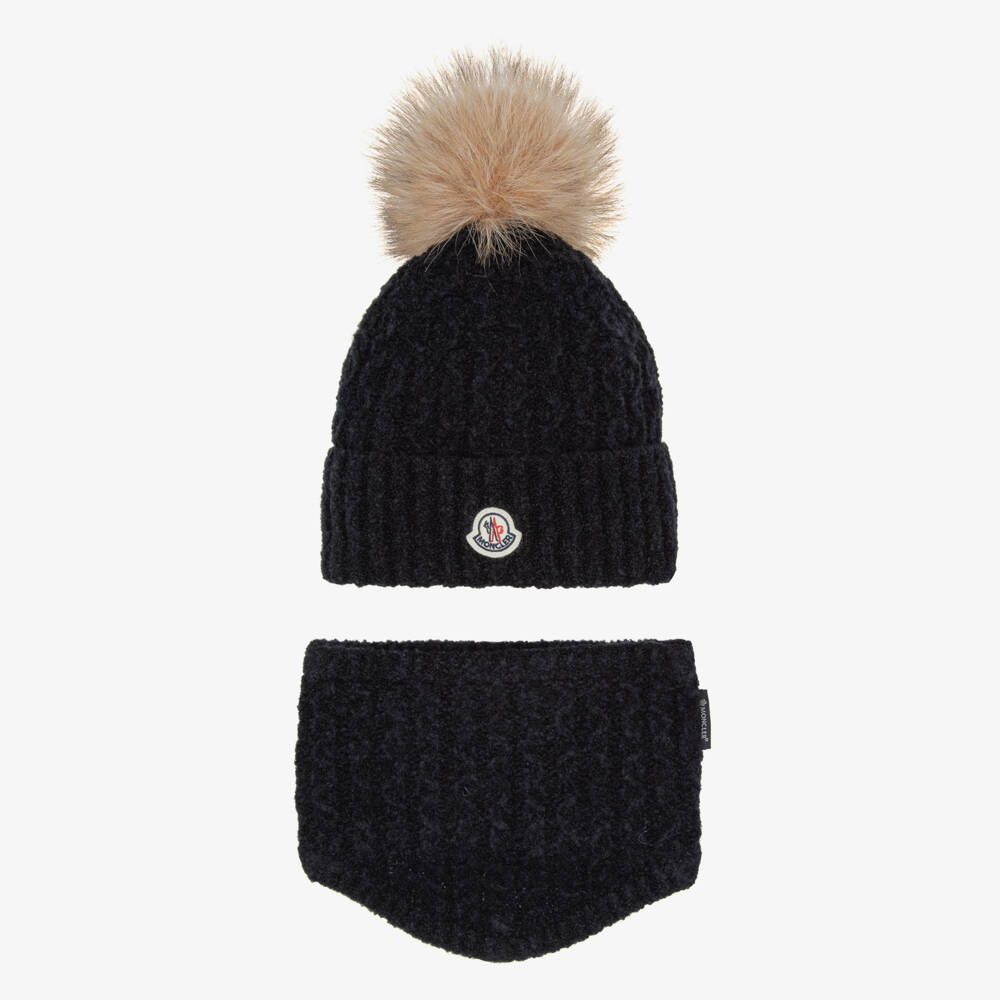 Moncler Enfant-Black Pom-Pom Beanie & Snood Set | Childrensalon