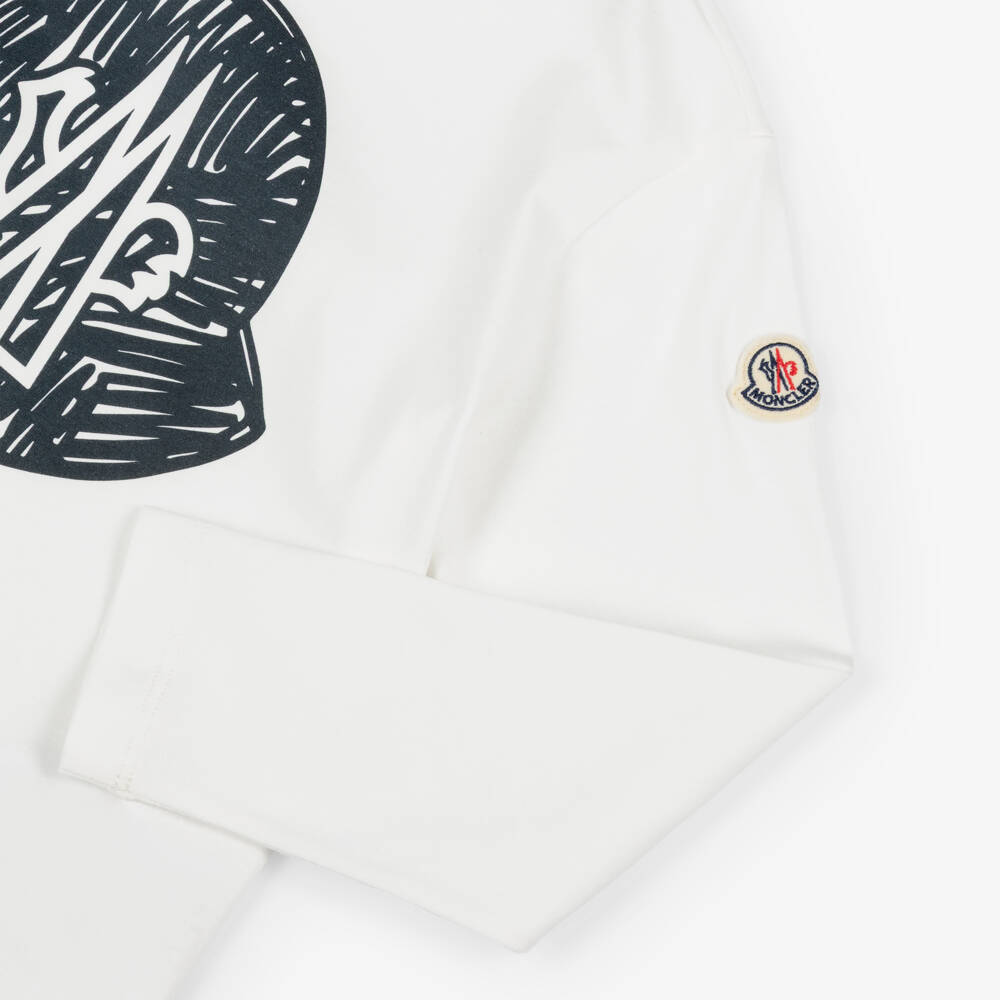 Moncler Enfant-Boy Ivory Long Sleeved Cotton Top with Black Logo | Childrensalon