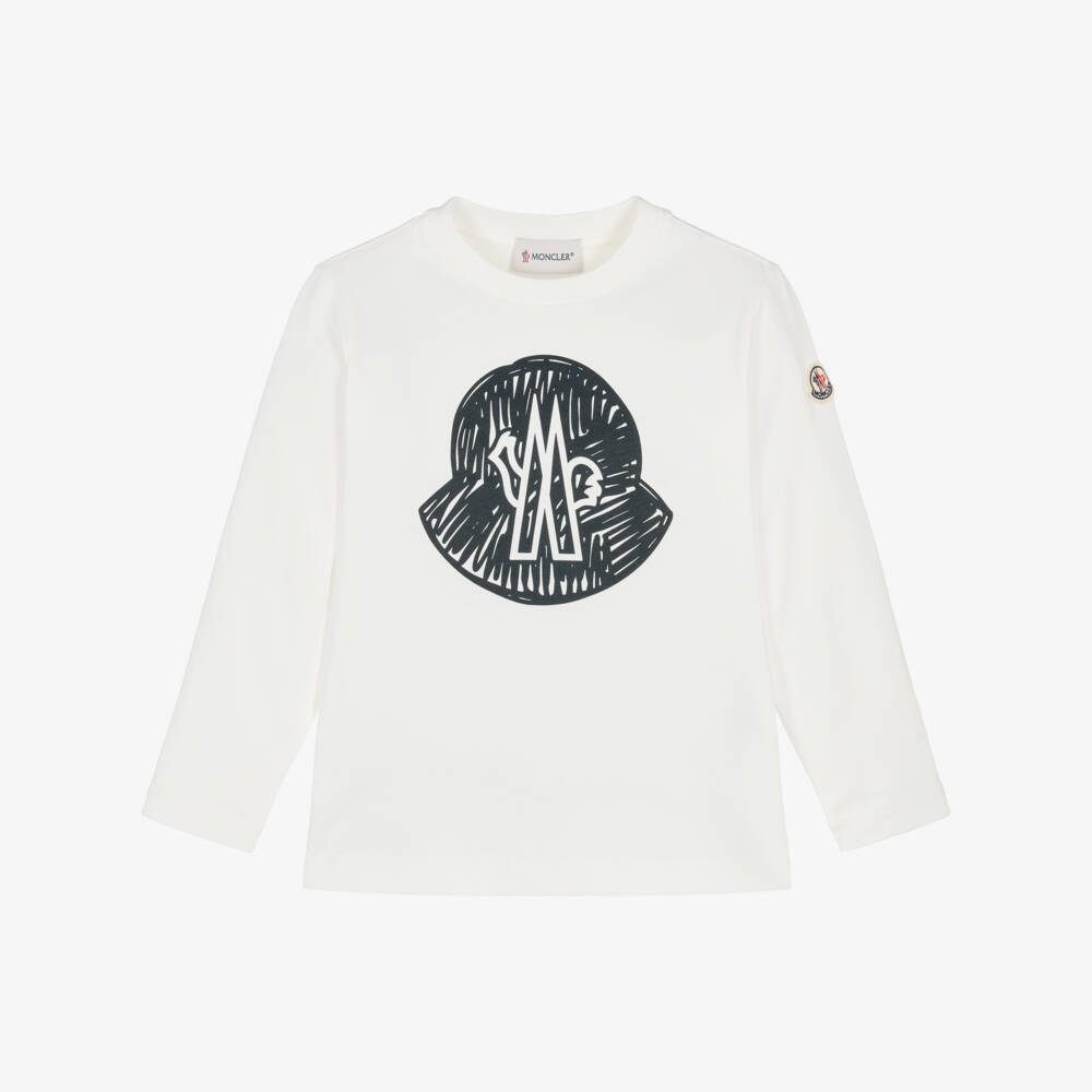 Moncler Enfant-Boy Ivory Long Sleeved Cotton Top with Black Logo | Childrensalon