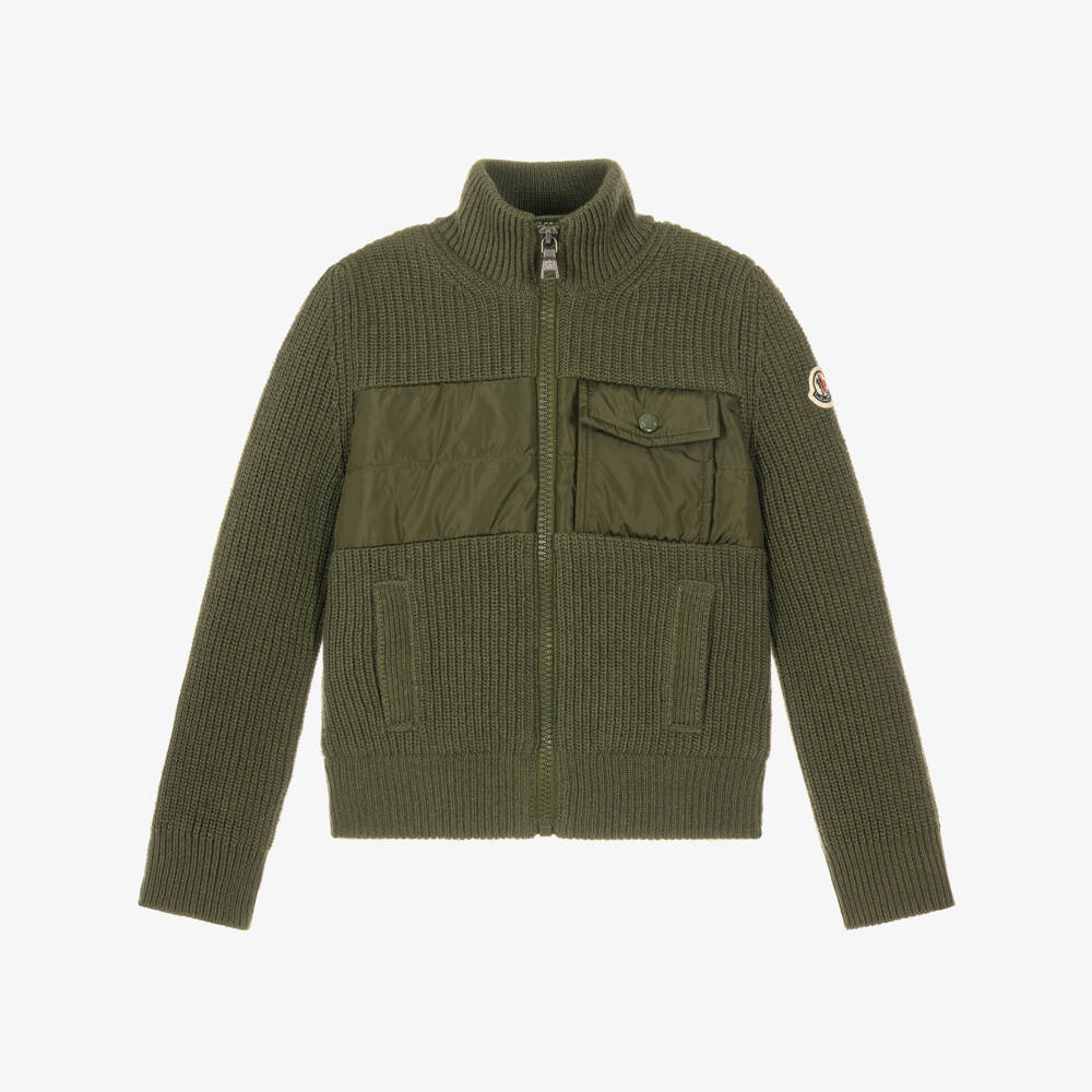 Moncler Enfant-Boy Khaki Green Wool Knit Zip-Up Top | Childrensalon