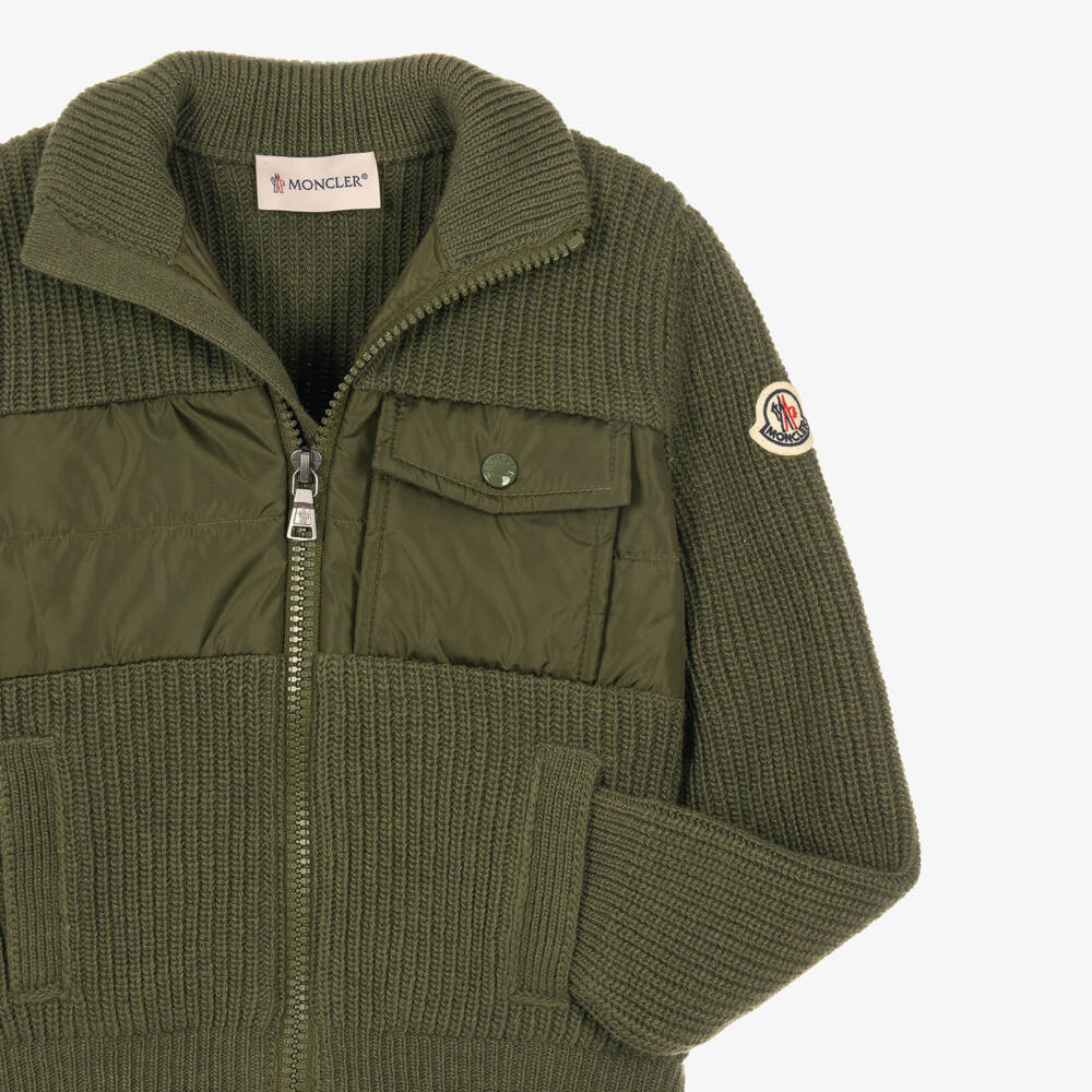 Moncler Enfant-Boy Khaki Green Wool Knit Zip-Up Top | Childrensalon