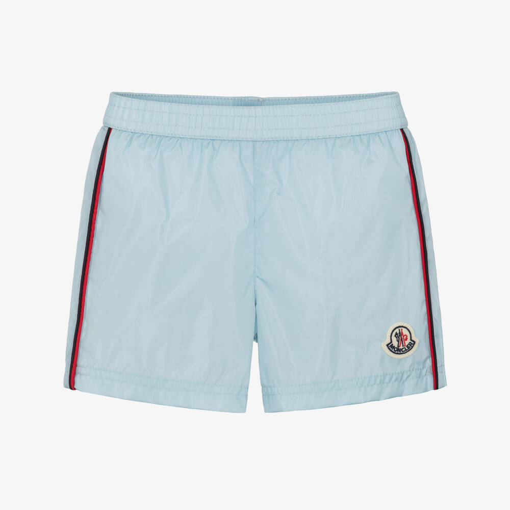 Moncler Enfant-Boys Aqua Blue Swim Shorts with Striped Trim | Childrensalon
