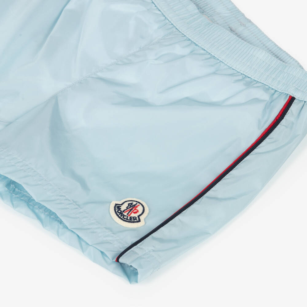 Moncler Enfant-Boys Aqua Blue Swim Shorts with Striped Trim | Childrensalon
