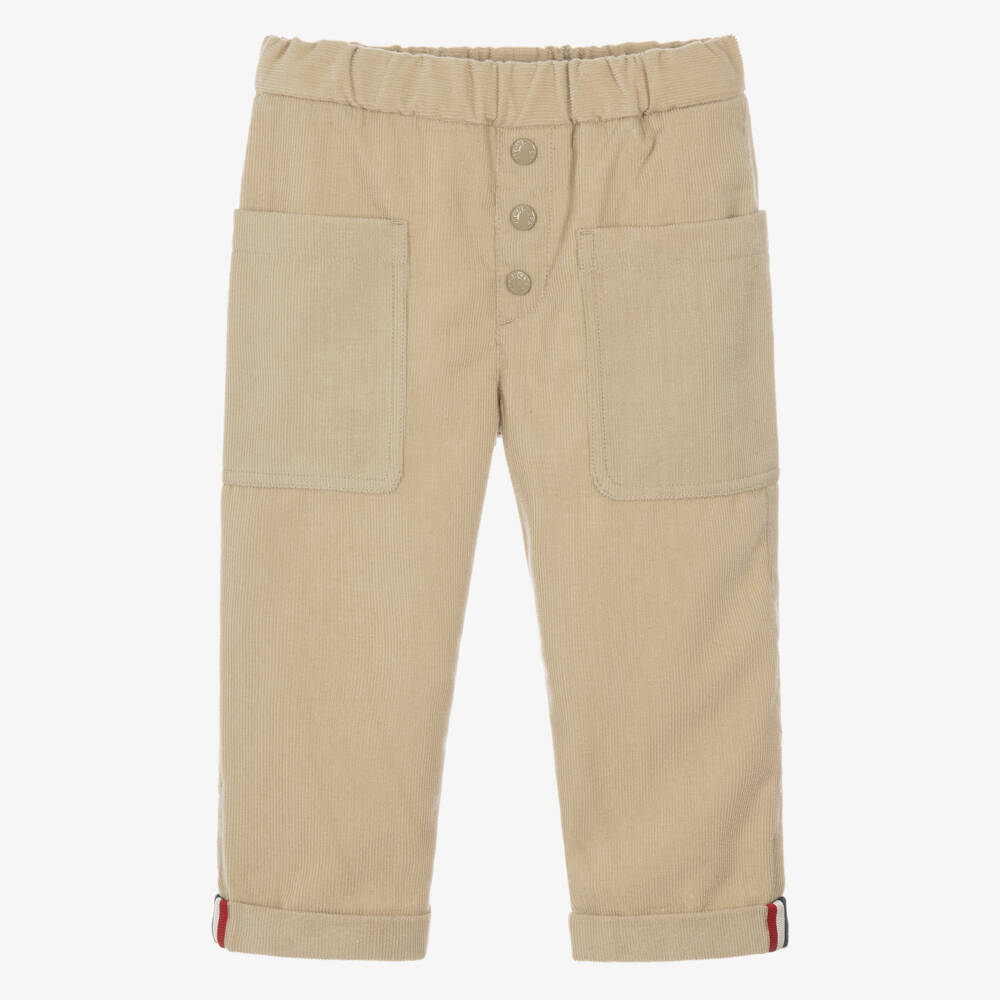 Moncler Enfant-Boys Beige Corduroy Trousers with Tricolour Trim | Childrensalon