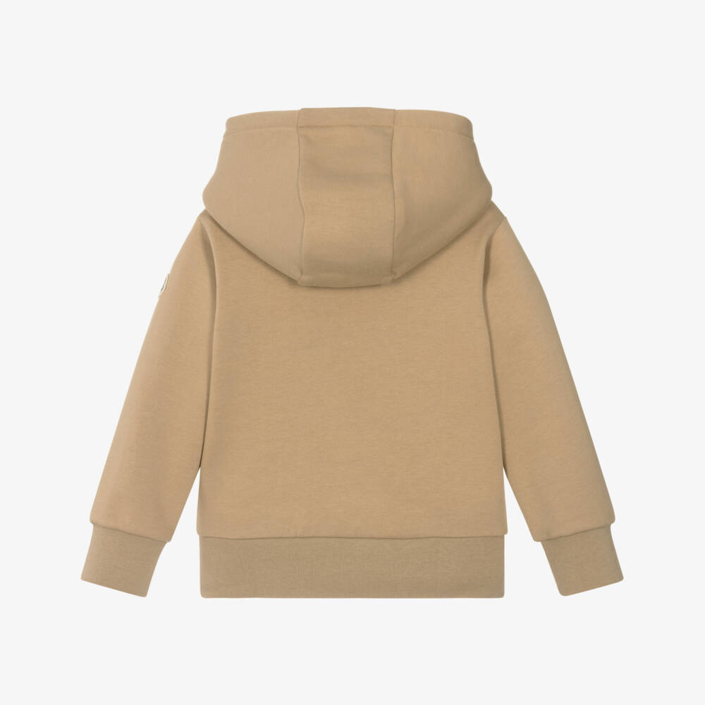 Moncler Enfant-هودي قطن ببطانة فليس لون بيج للأولاد بشعار فارسيتي | Childrensalon