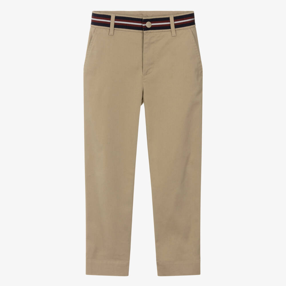 Moncler Enfant-Boys Beige Cotton Twill Trousers with Tricolour Trim | Childrensalon
