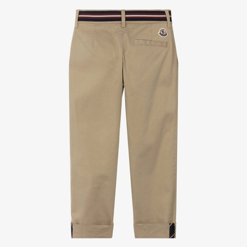 Moncler Enfant-Boys Beige Cotton Twill Trousers with Tricolour Trim | Childrensalon
