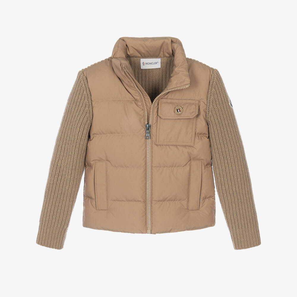 Moncler Enfant-Boys Beige Down Padded Wool Cardigan | Childrensalon