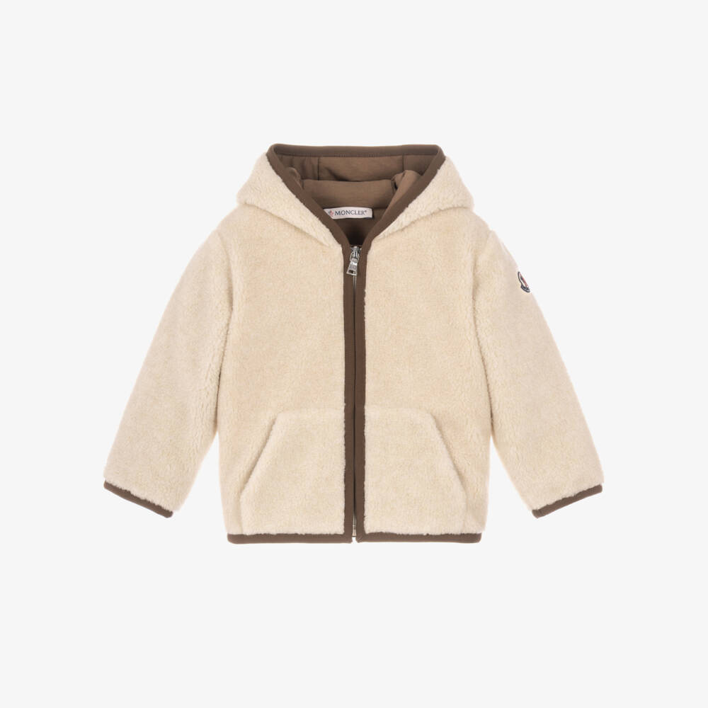 Moncler Enfant-Boys Beige Teddy Fleece Hooded Zip-Up Top | Childrensalon
