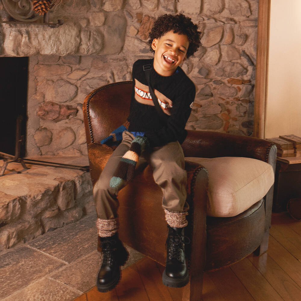 Moncler Enfant-بلوفر صوف بكر محبوك لون أسود للأولاد | Childrensalon