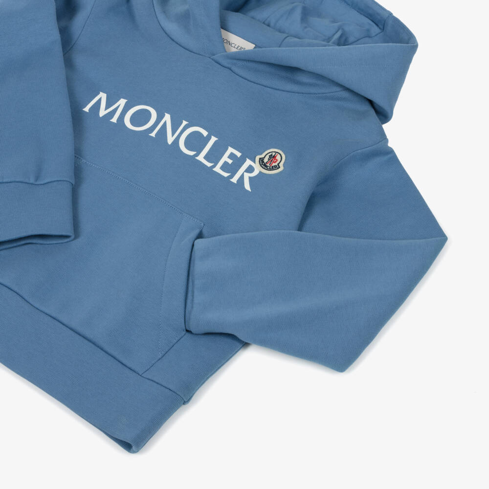 Moncler Enfant-Boys Blue Cotton Felted Logo Hoodie | Childrensalon