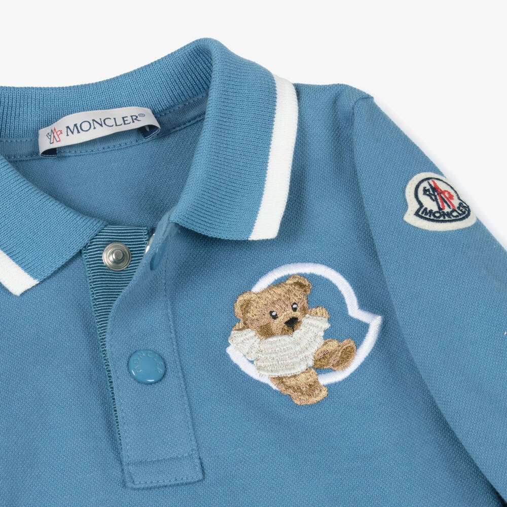 Moncler Enfant-Boys Blue Cotton Piqué Bear Logo Polo Shirt | Childrensalon
