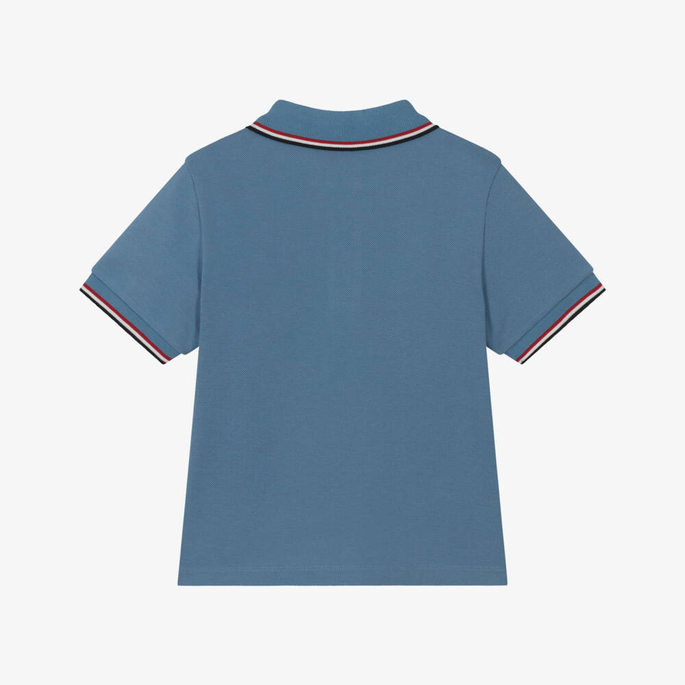 Moncler Enfant-Boys Blue Cotton Piqué Polo Shirt with Tricolour Trim | Childrensalon