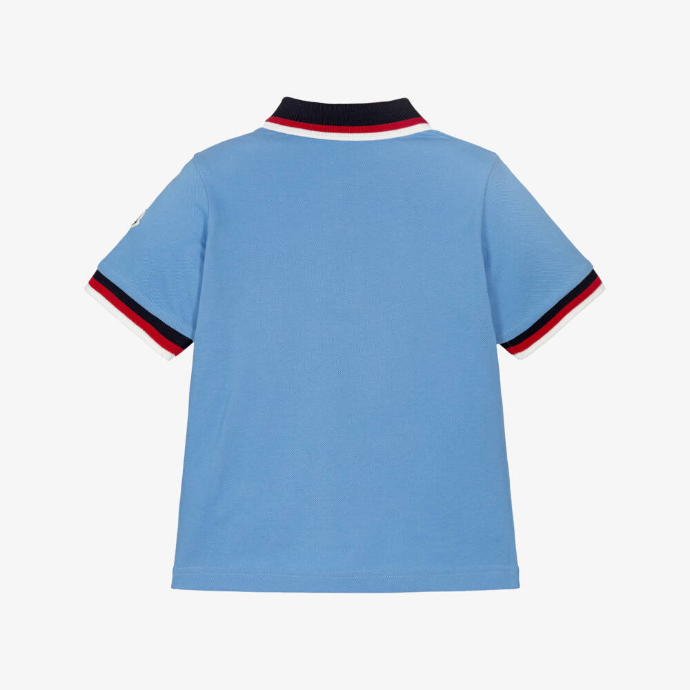 Moncler Enfant-Рубашка поло синяя из хлопкового пике с трехцветной отделкой для мальчиков | Childrensalon