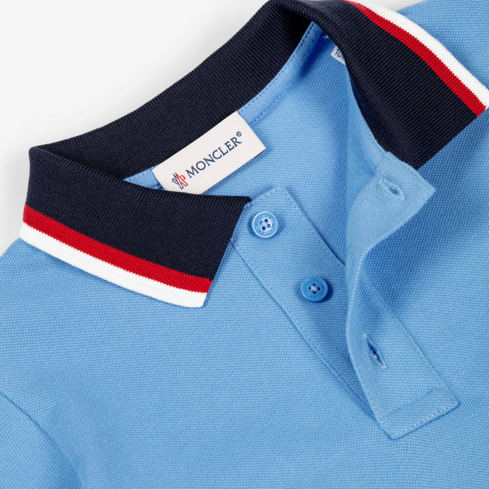 Moncler Enfant-Рубашка поло синяя из хлопкового пике с трехцветной отделкой для мальчиков | Childrensalon