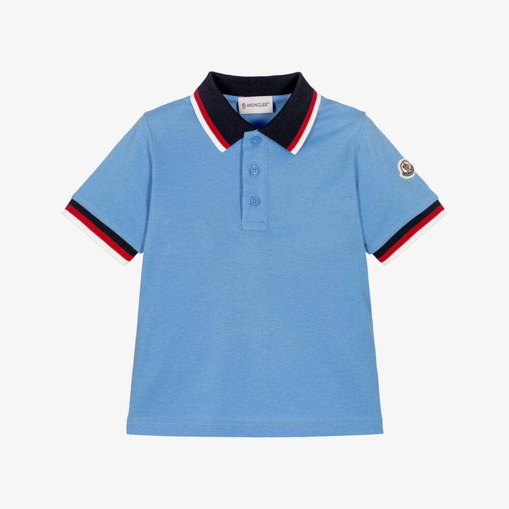 Moncler Enfant-Boys Blue Cotton Piqué Polo Shirt with Tricolour Trims | Childrensalon