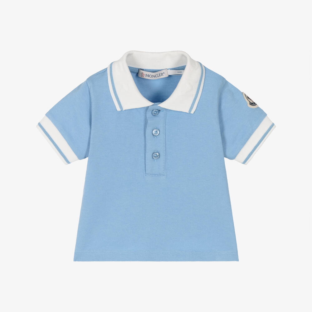 Moncler Enfant-Boys Blue Cotton Piqué Polo Shirt with White Trims | Childrensalon