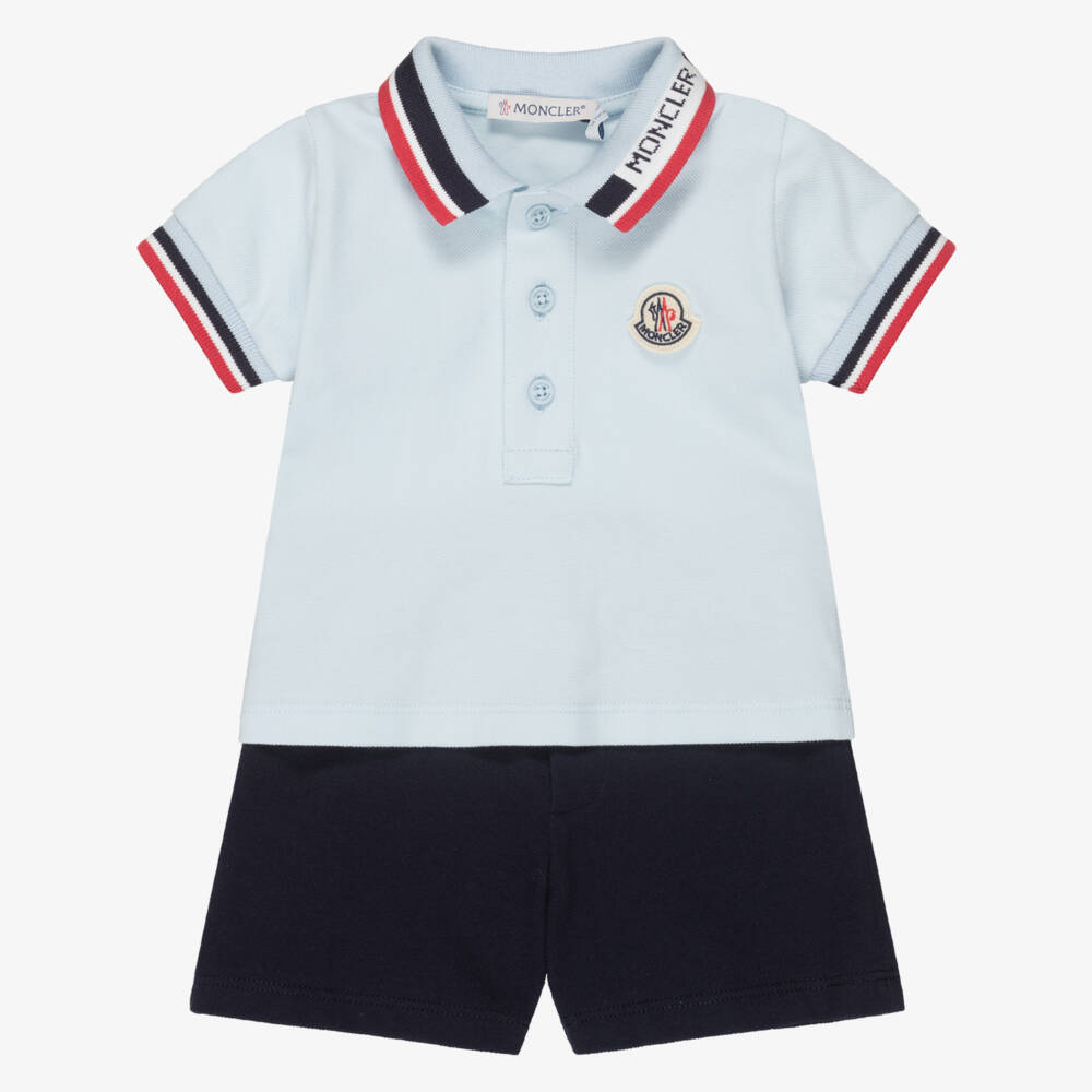 Moncler Enfant-Boys Blue Cotton Shorts Set with Tricolour Collar | Childrensalon