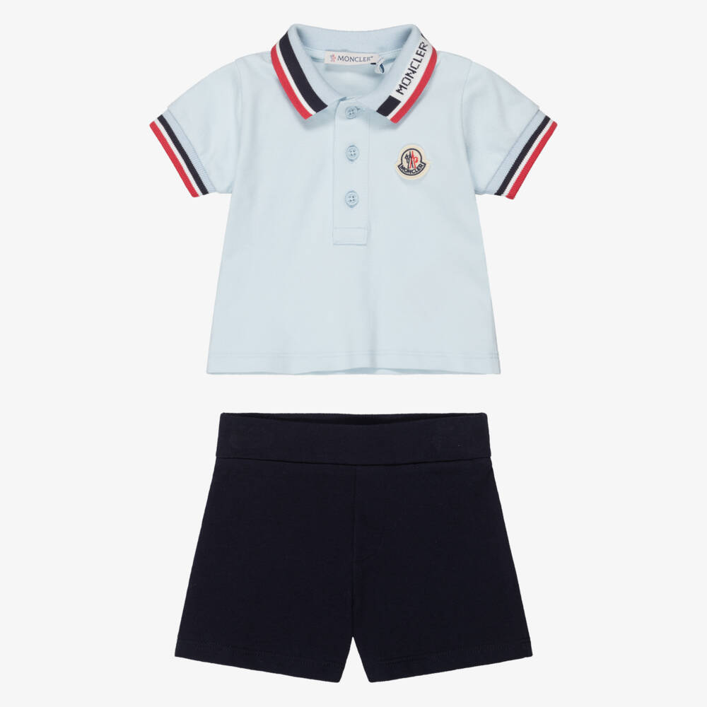 Moncler Enfant-Boys Blue Cotton Shorts Set with Tricolour Collar | Childrensalon